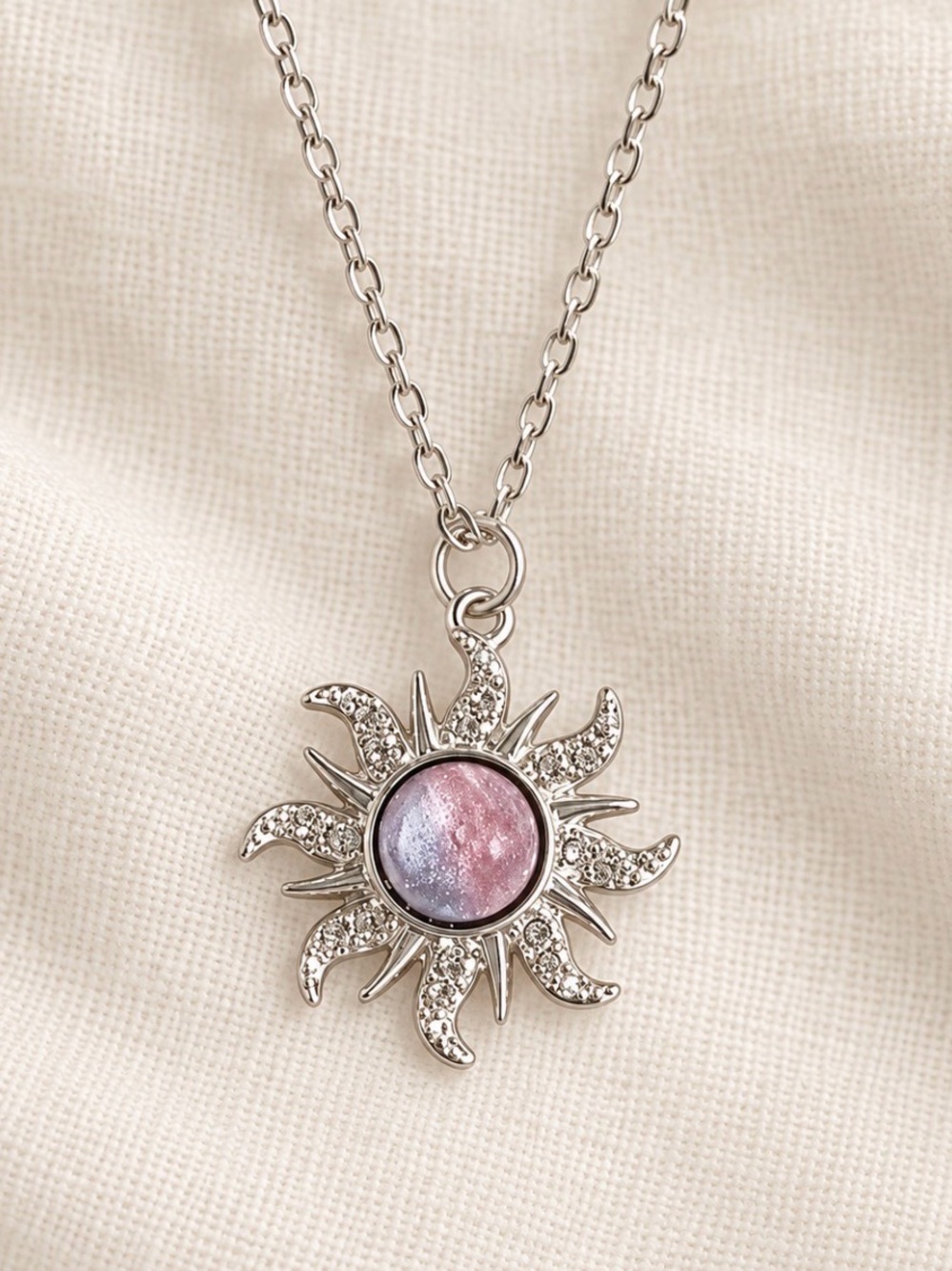 Silver Sunburst Pendant Necklace with Pink-Blue Center